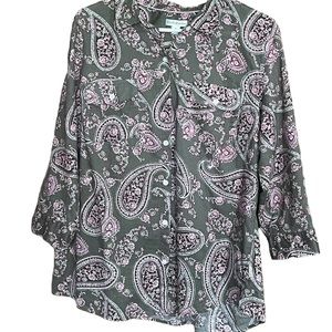 Croft & Barrow Womens Button Down Paisley Floral Front Pockets Grey Pink Size XL